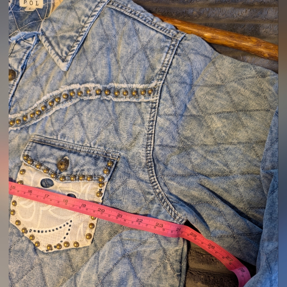 NEW! POL Blue Quilted Denim Jacket Western Inspired Studs & Eyelet Detail - Picture 15 of 16